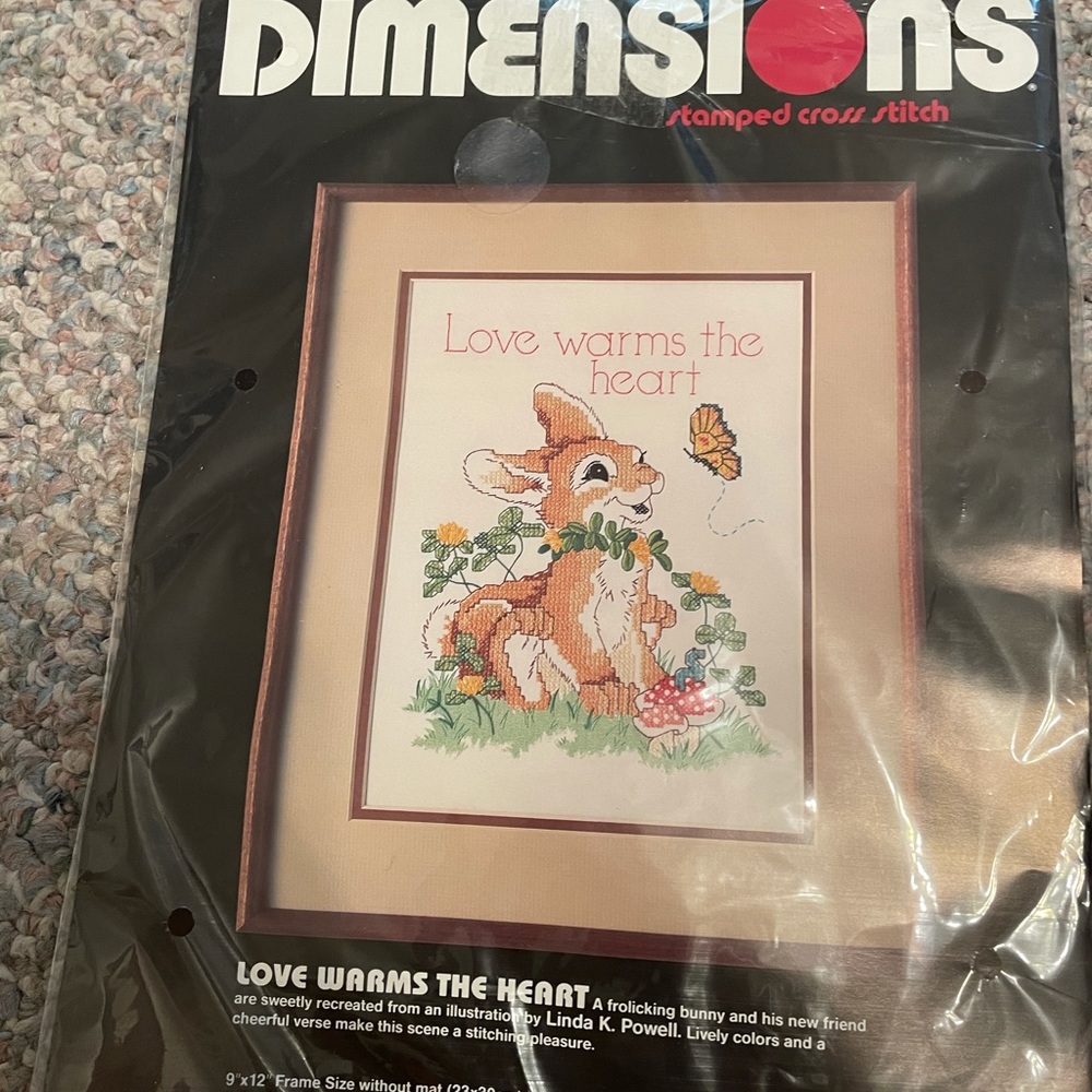 Vintage 1987 Dimensions Love Warms the Heart Rabbit Butterfly Cross Stitch Kit